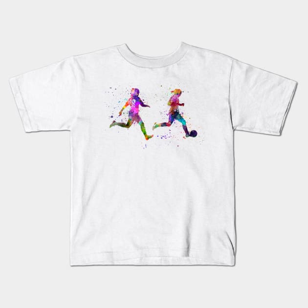 Girl playing soccer football player silhouette Kids T-Shirt by PaulrommerArt